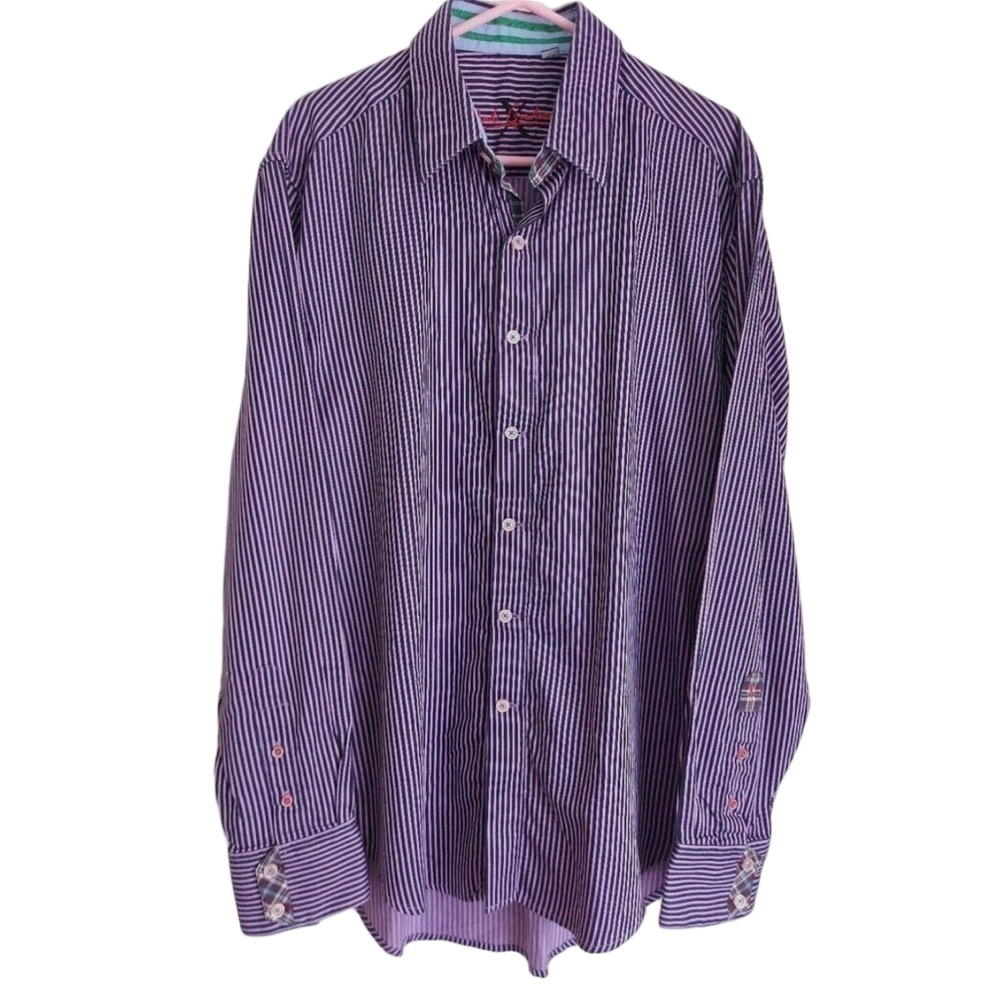 Robert Graham men’s Long Sleeve cotton Shirt Size L purple & White Striped